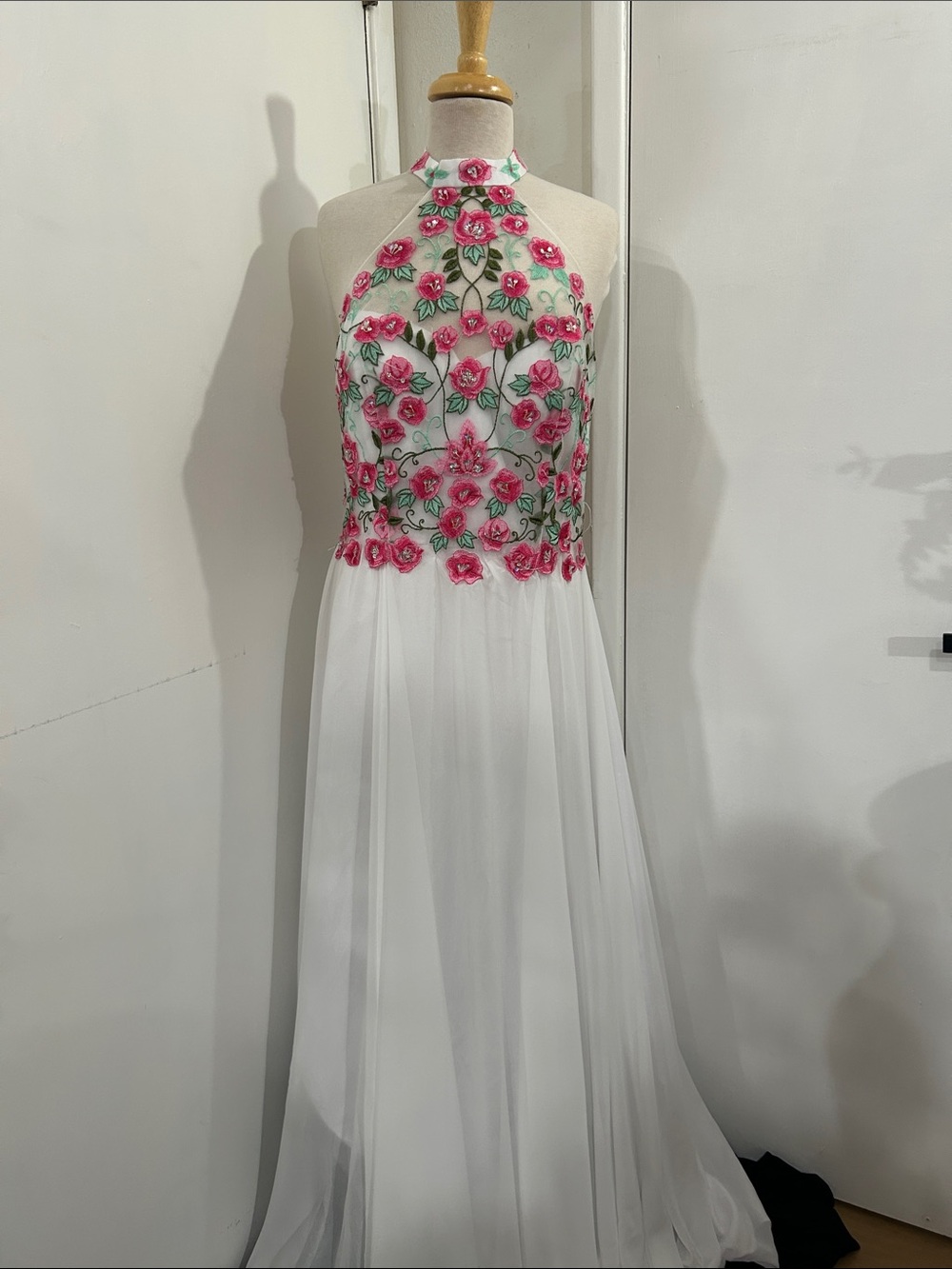 White Halter Chiffon Prom Dress with Pink Floral Embroidery
